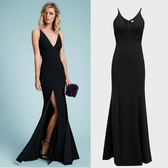 New Dress The Population Iris V-Neck Side Slit Crepe Black Evening Gown NWT XL - Picture 4 of 9